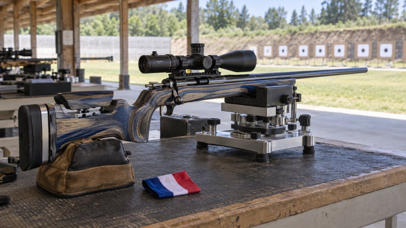 Carabine de bench-rest en calibre .22 LR sur appui, canon dirigé vers des cibles à 50 mètres