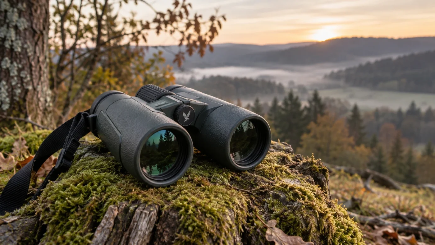 Jumelles de chasse posées sur une souche moussue face à une vallée au lever du jour