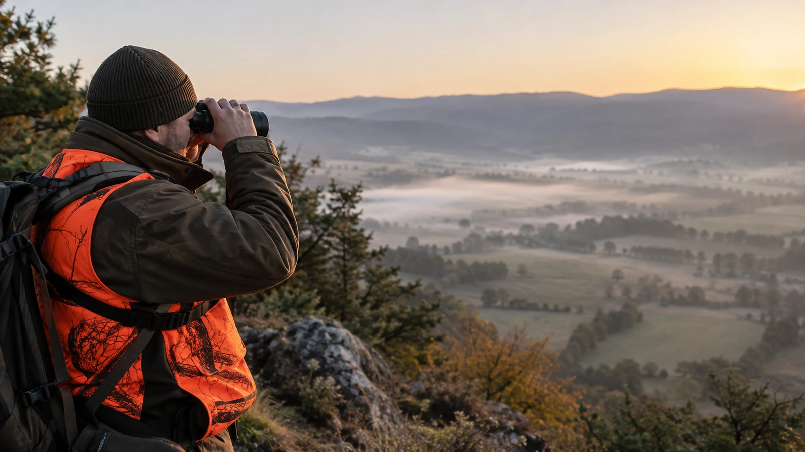 Jumelles de chasse : chasseur en gilet orange observant aux jumelles une vallée dans la brume au lever du jour