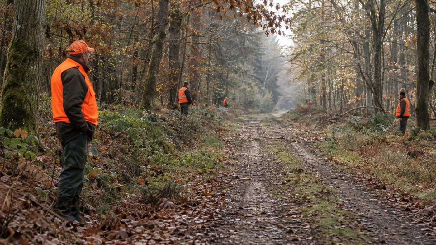 Battue au grand gibier, chasseurs postés en gilet orange