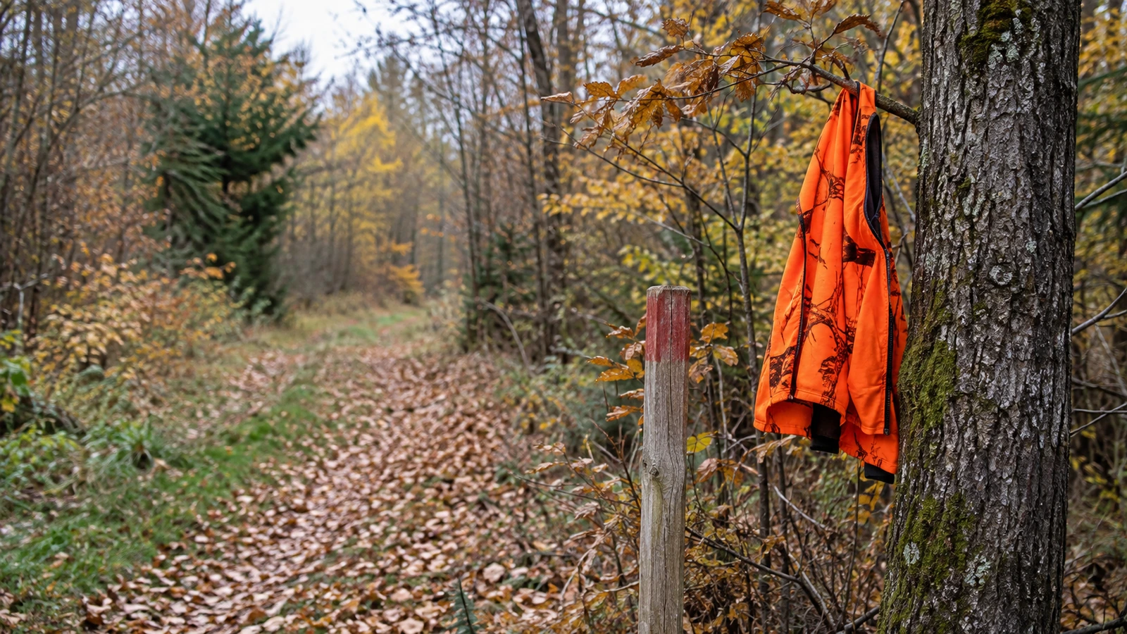 Poste de battue dans une allée forestière en automne, piquet de poste et gilet orange accroché à un arbre