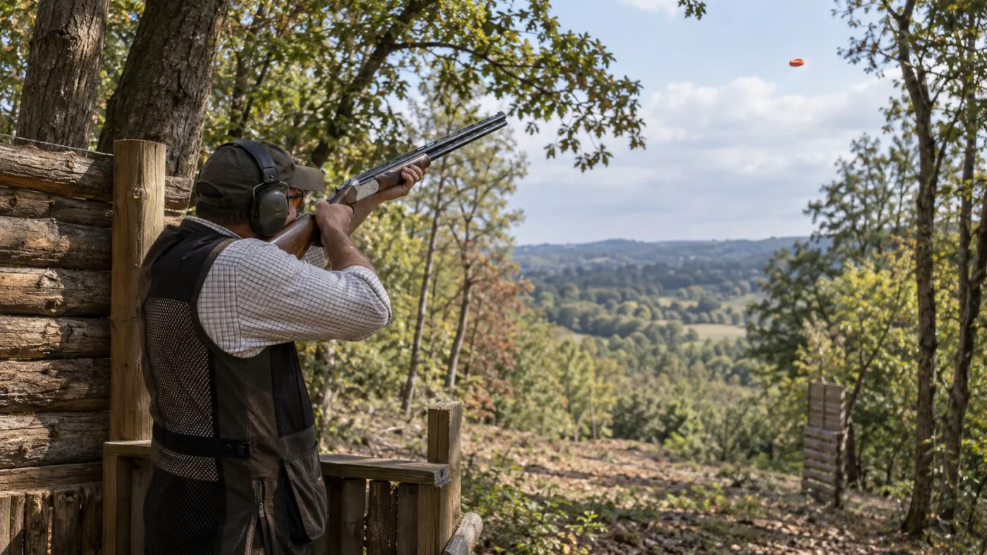 Poste de parcours de chasse en terrain boisé avec un tireur fusil bas