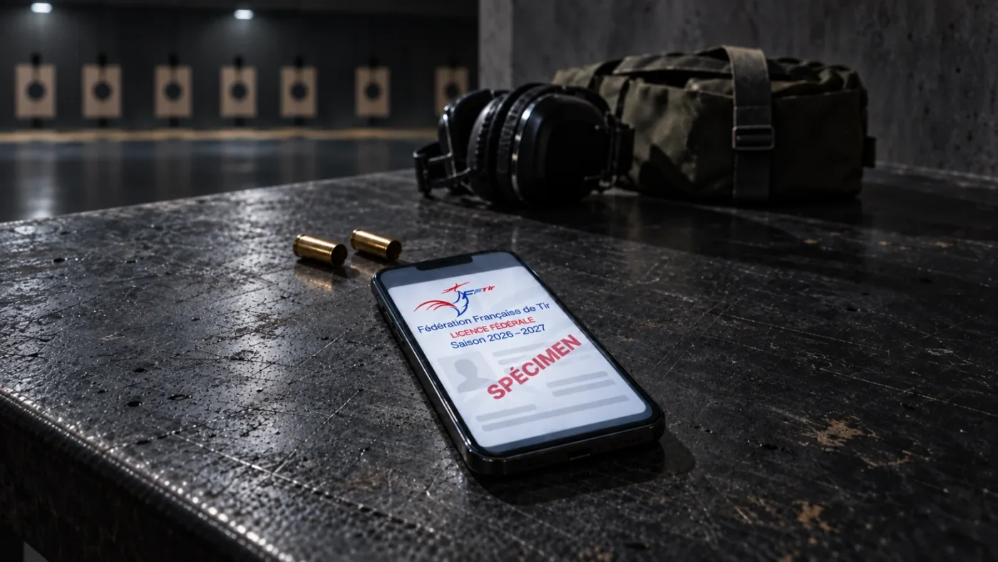 Licence de tir numérique affichée sur un smartphone avec protections auditives et lunettes