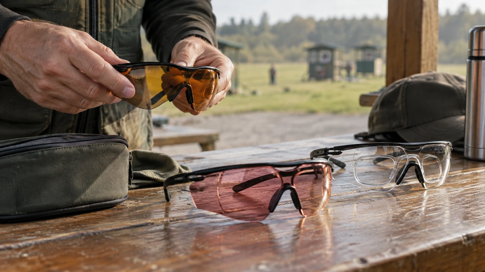 Lunettes de ball-trap à verres interchangeables posées avec des cartouches sur une table de stand