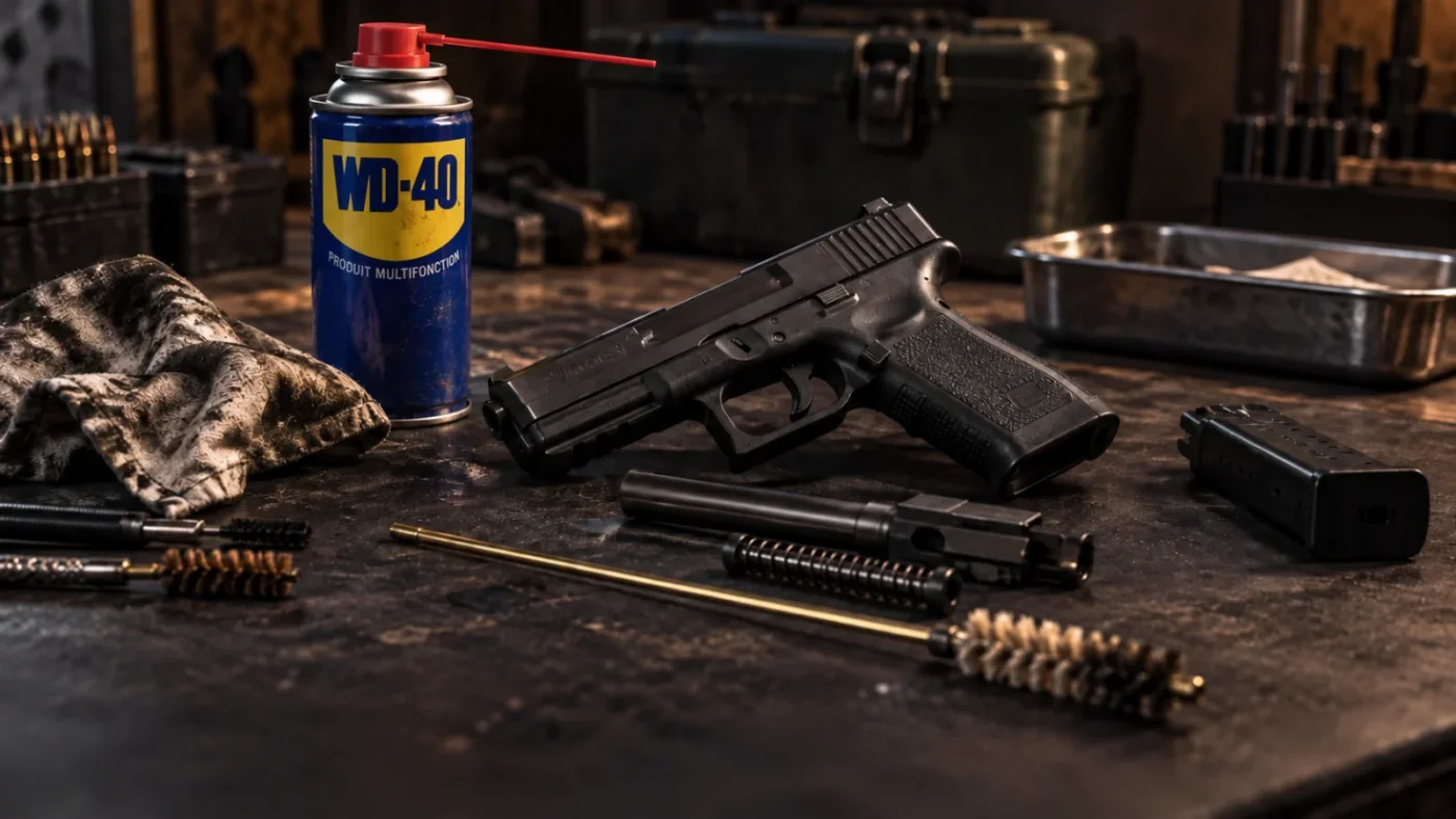 Nettoyer une arme au WD-40 : bombes de WD-40 alignées et revolver