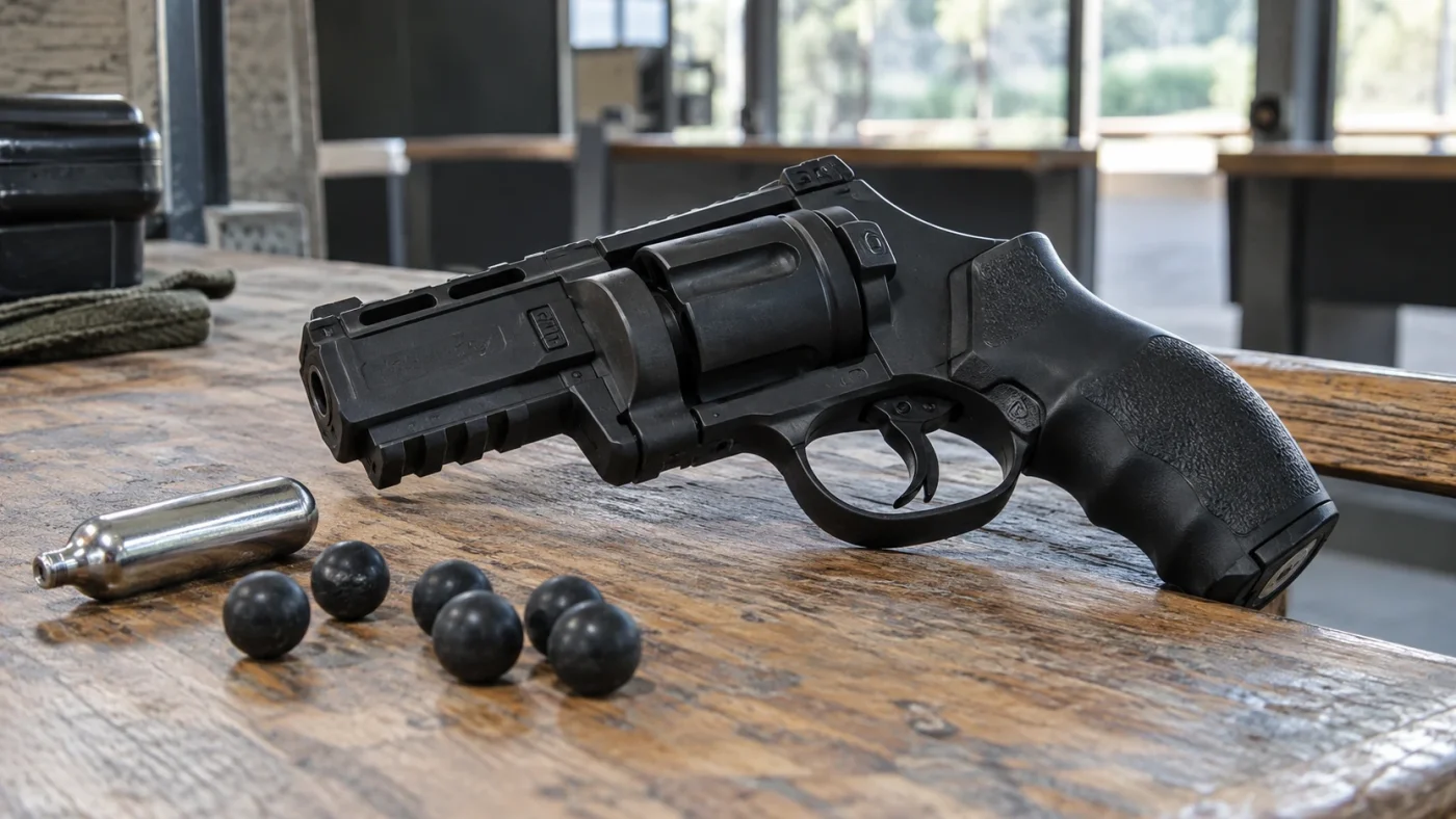 Pistolet balle caoutchouc au CO2 posé sur un comptoir avec ses balles et une cartouche de gaz