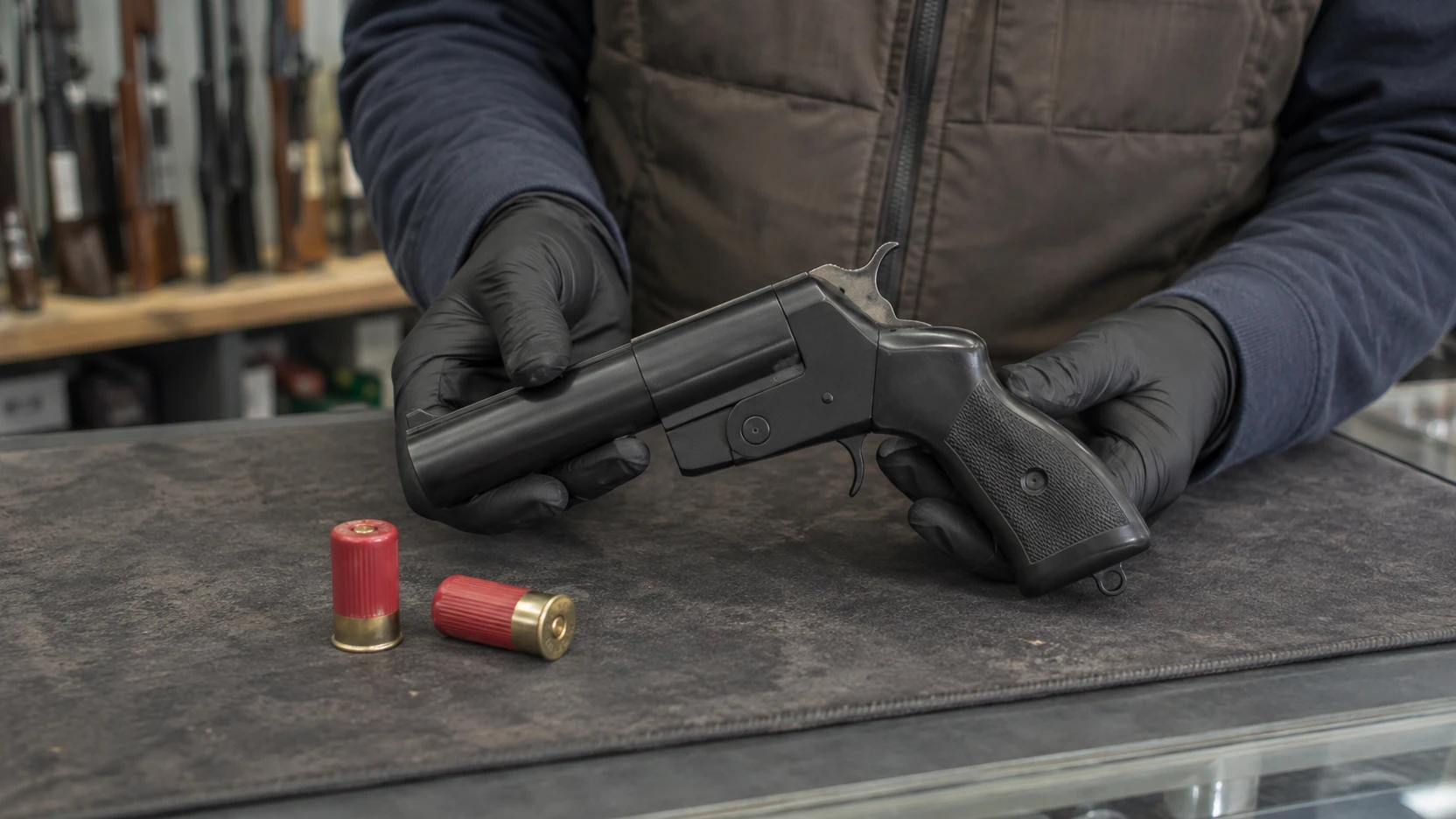 Pistolet de défense à cartouche de calibre 12 et ses munitions sur un comptoir d’armurerie