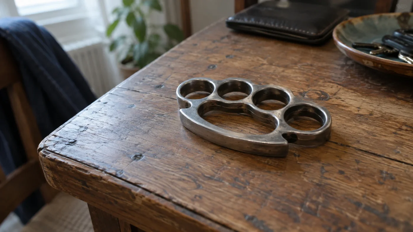 Poing américain à quatre doigts posé sur une table en bois, désormais classé en catégorie A1