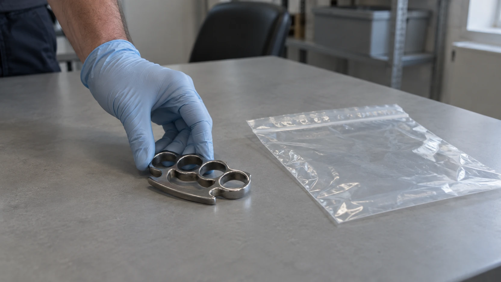 Poing américain remis au commissariat et placé dans un sachet de saisie