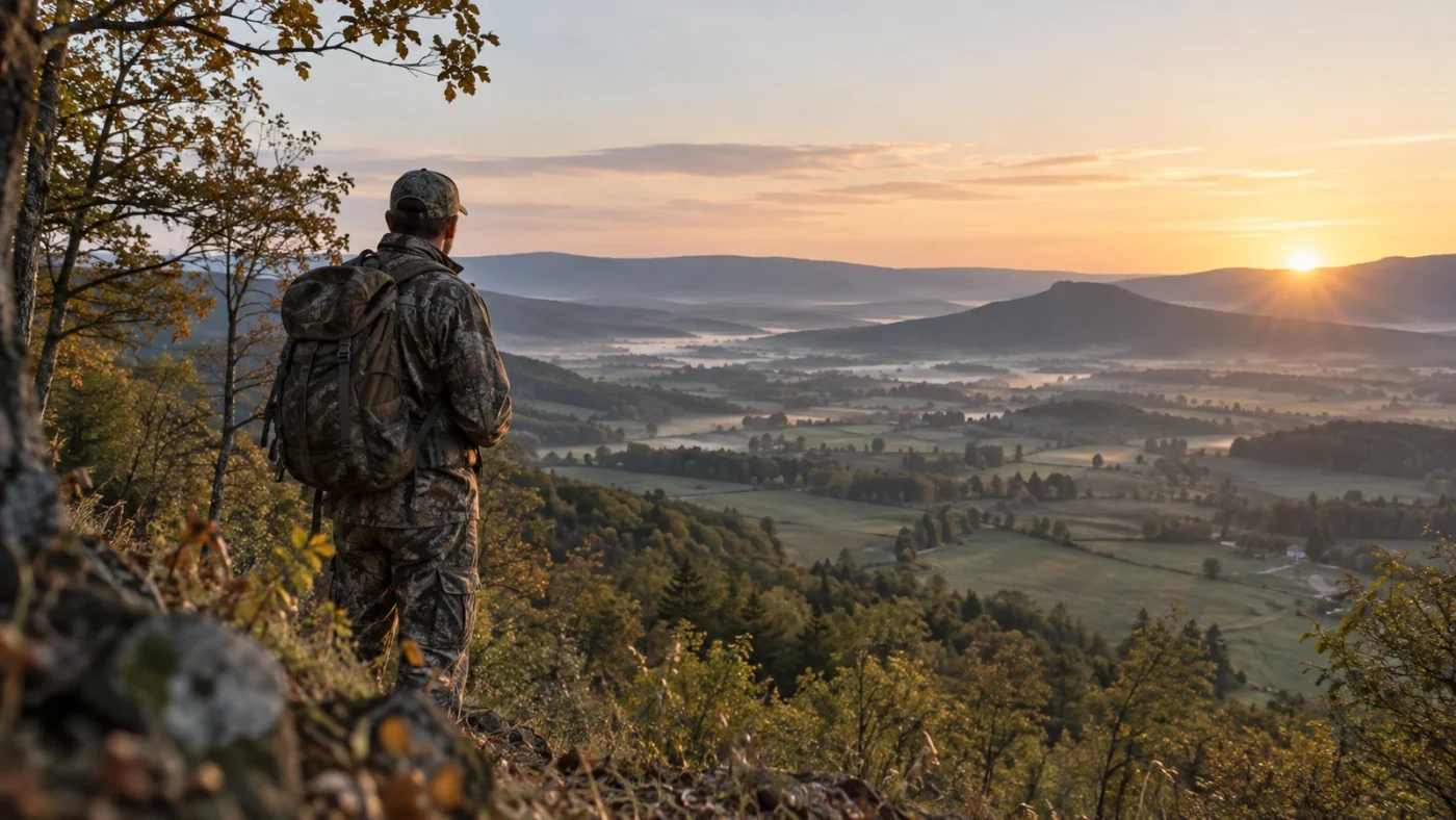 Portée dangereuse d'une balle de chasse : chasseur en camouflage face à une vallée au lever du soleil