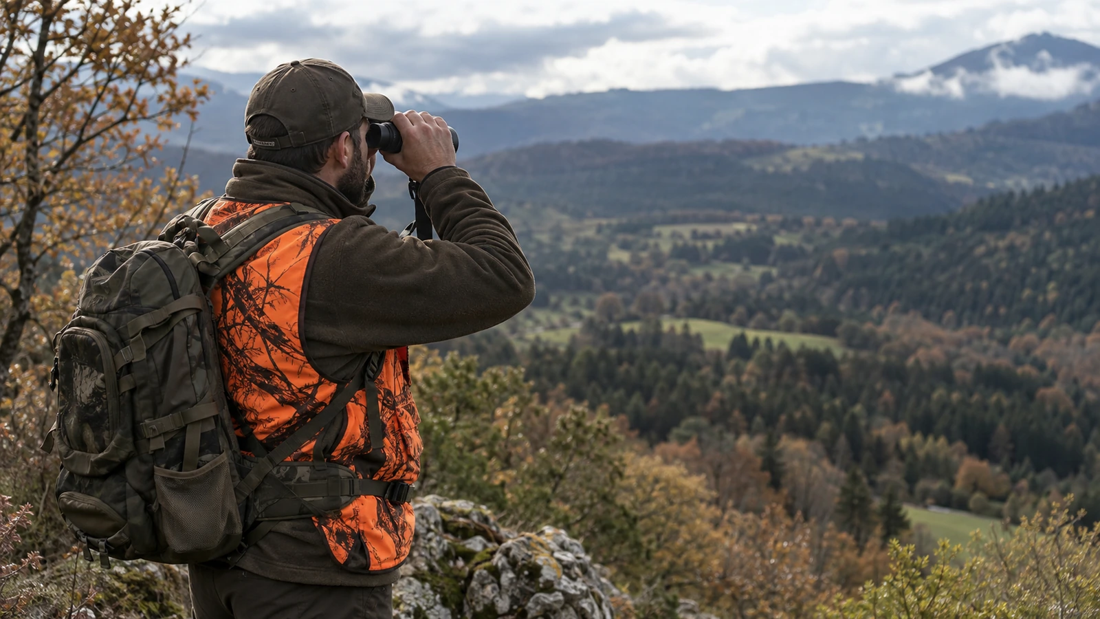 Portée dangereuse d'une balle de chasse : chasseur en gilet orange observant une vallée boisée aux jumelles avant de tirer