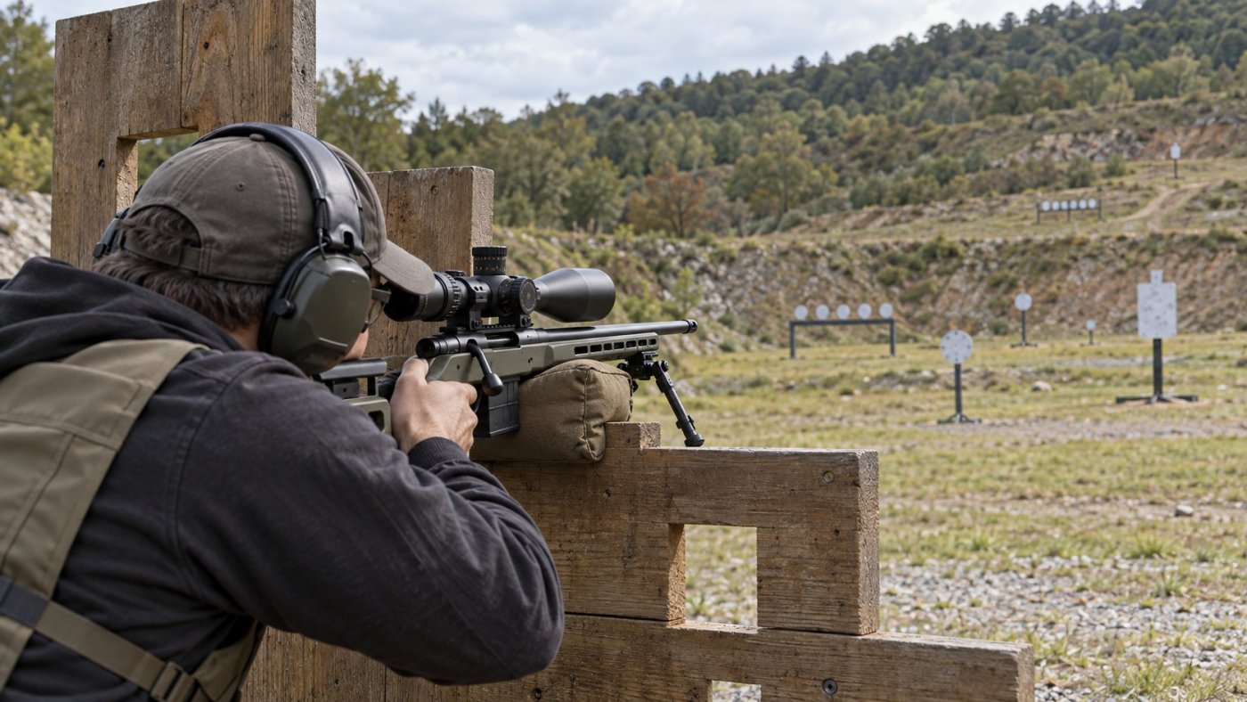 Tireur de Precision Rifle Rimfire avec une carabine de précision en .22 LR sur un stage