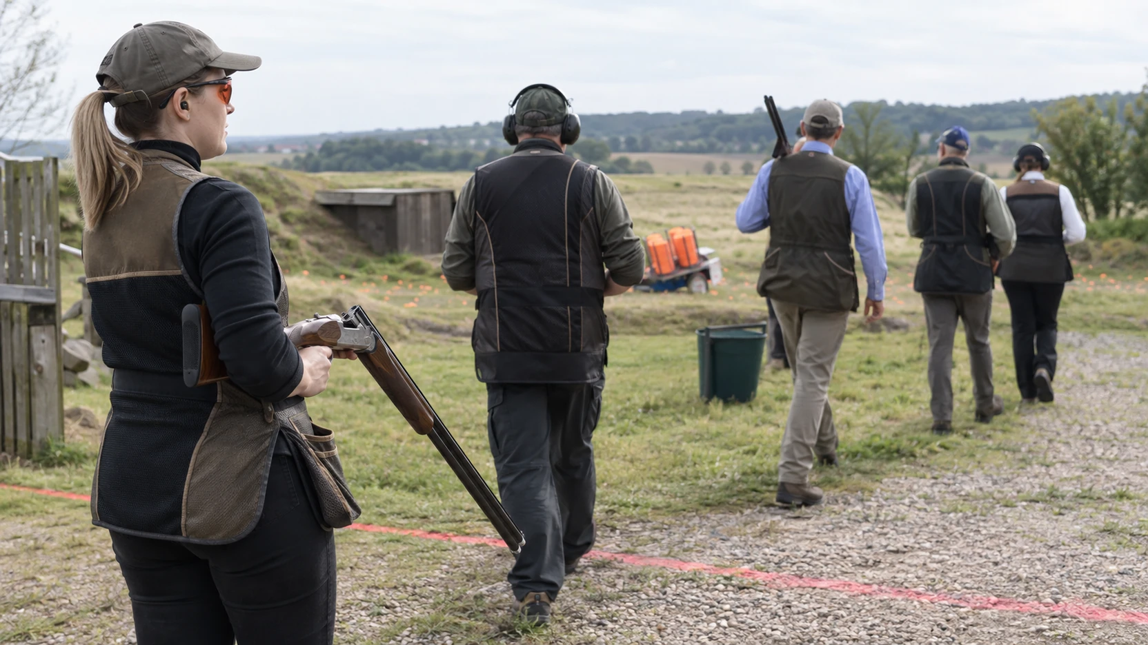 Planche de tireurs alignés aux postes pendant une compétition de ball-trap