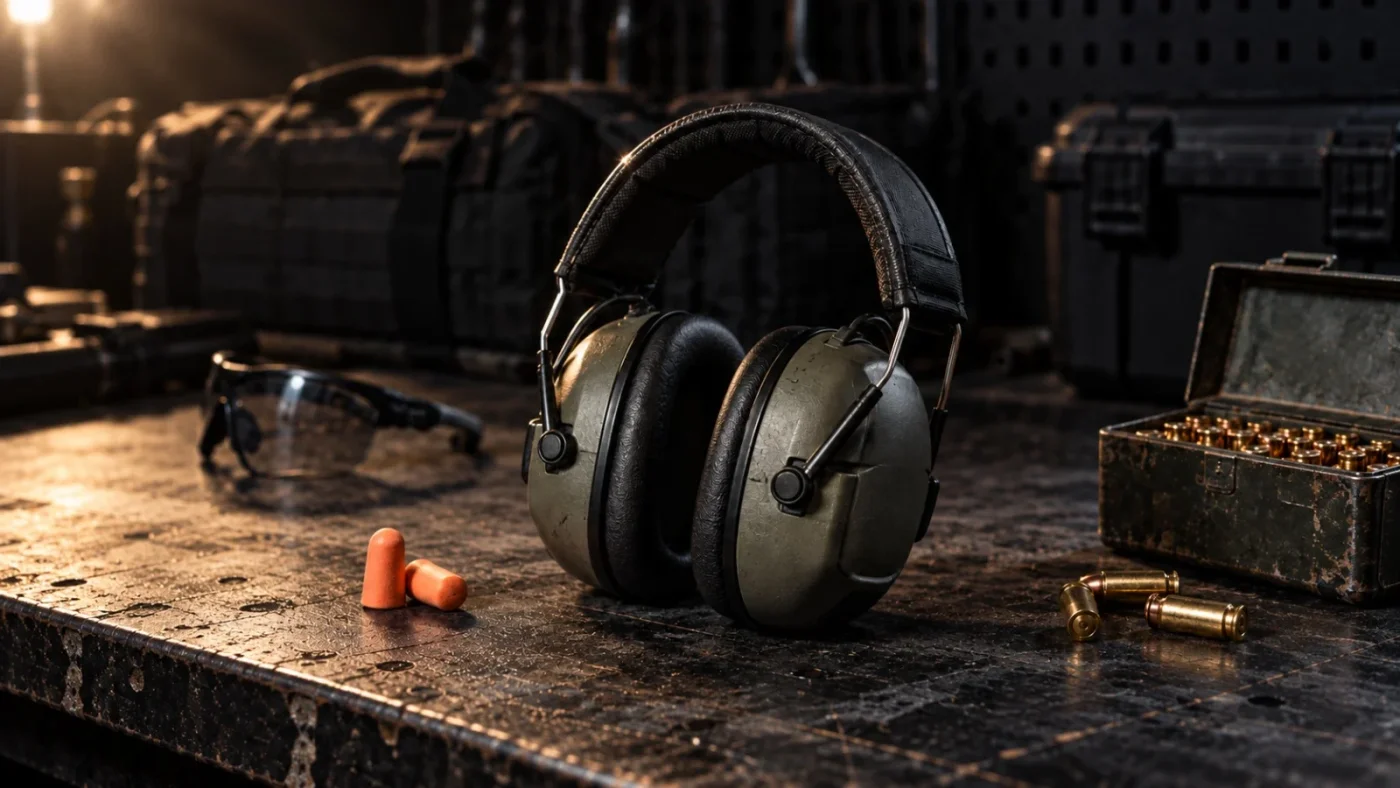 Casque antibruit vert olive à arceau noir sur un établi sombre, bouchons d'oreille orange en mousse, lunettes de tir et cartouches dans une boîte métallique.