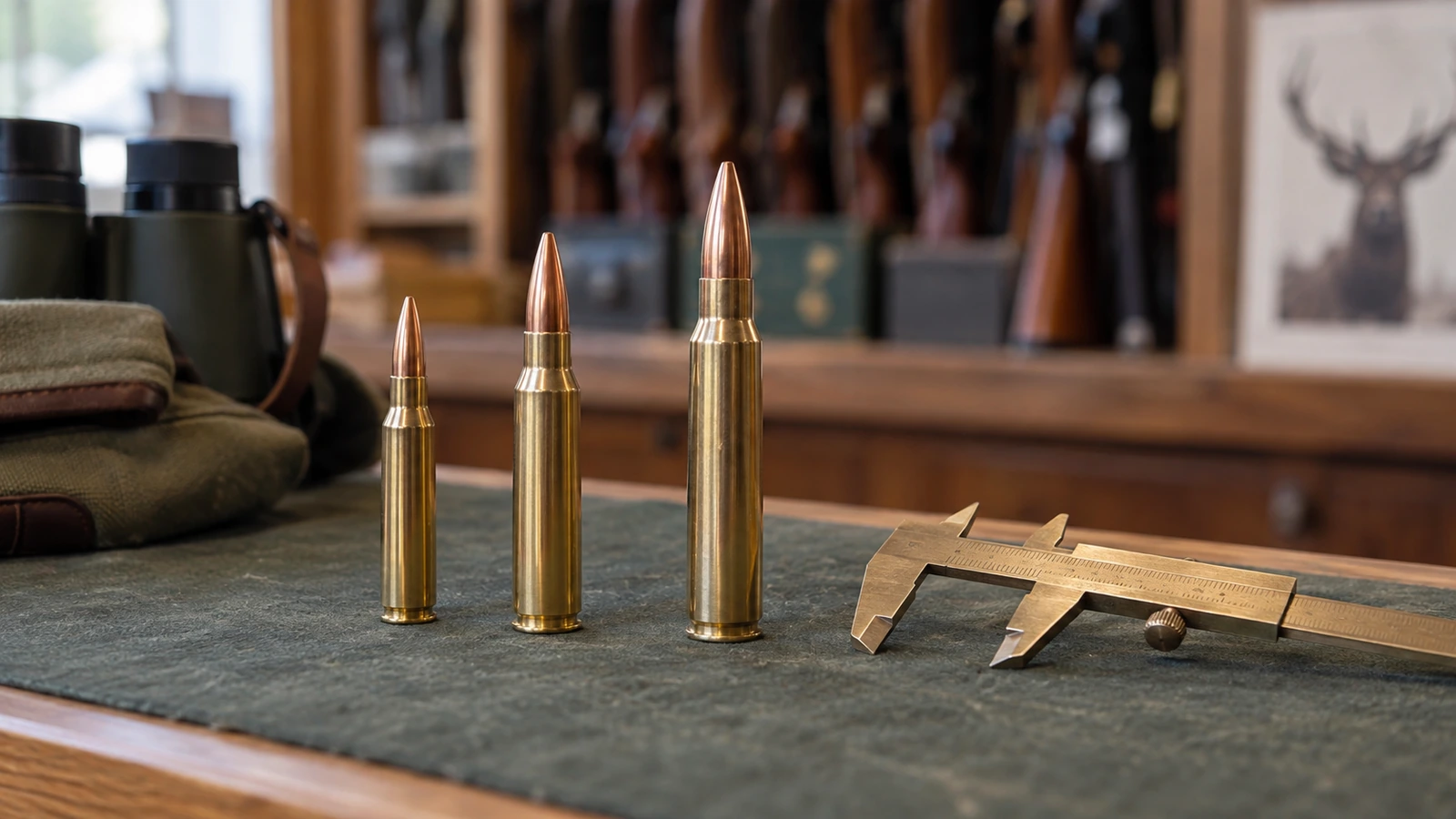Cartouches de chasse alignées pour comparer les calibres par gibier