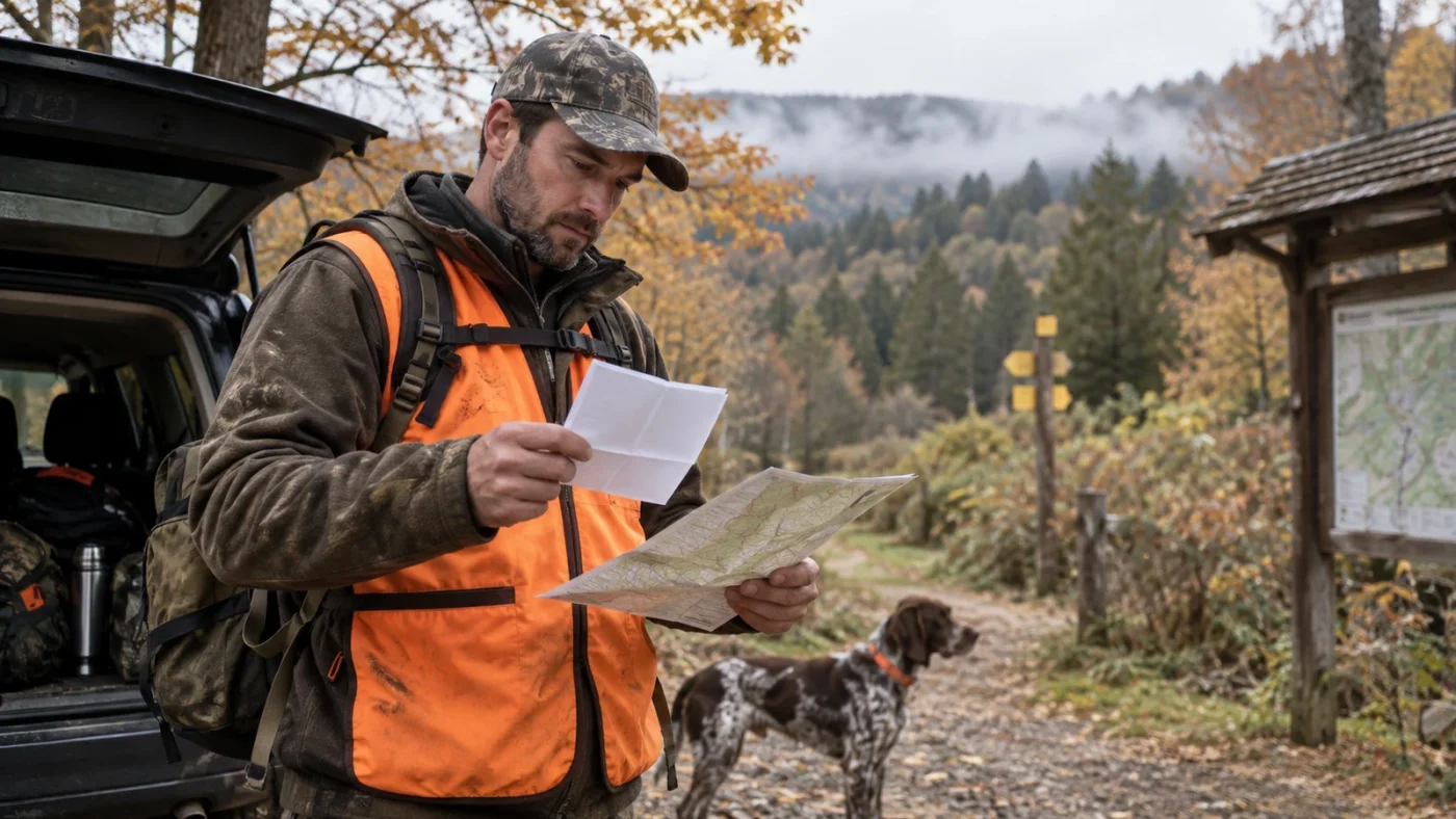 Réglementation de la chasse : chasseur en gilet orange vérifiant ses documents et la carte du territoire