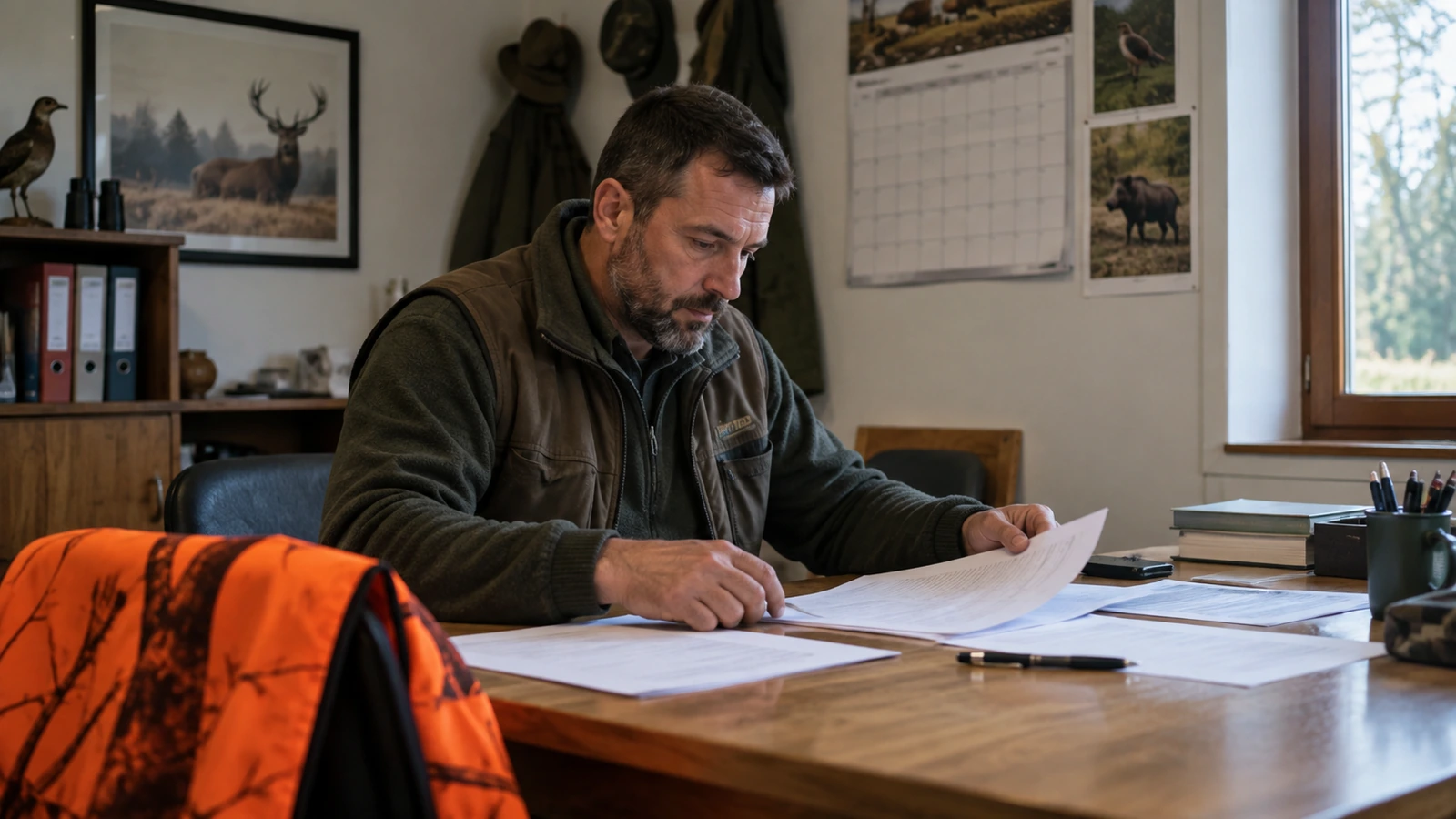 Réglementation de la chasse : chasseur lisant l'arrêté préfectoral et les règles du territoire avant la saison