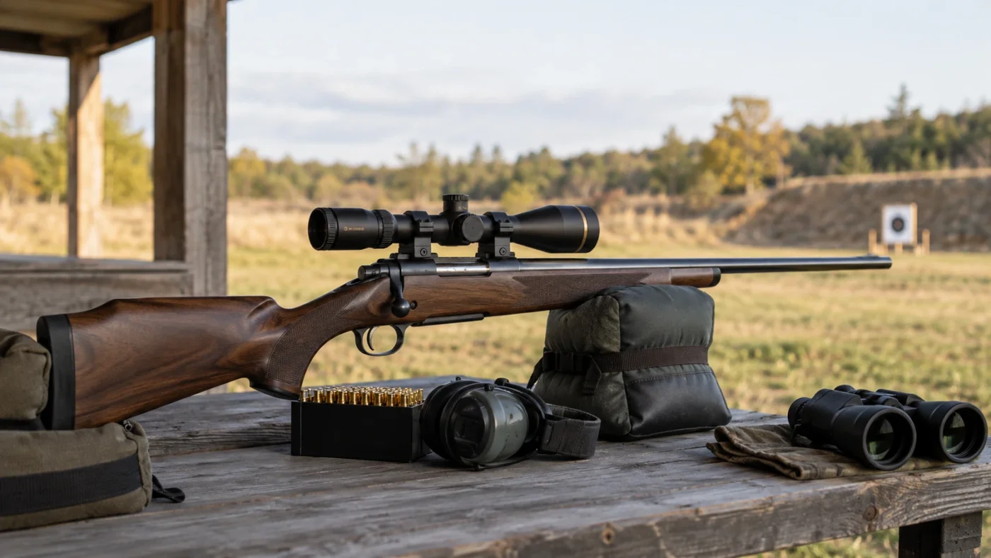 Régler sa carabine de chasse : carabine à lunette posée sur des sacs de tir au stand, cartouches et casque