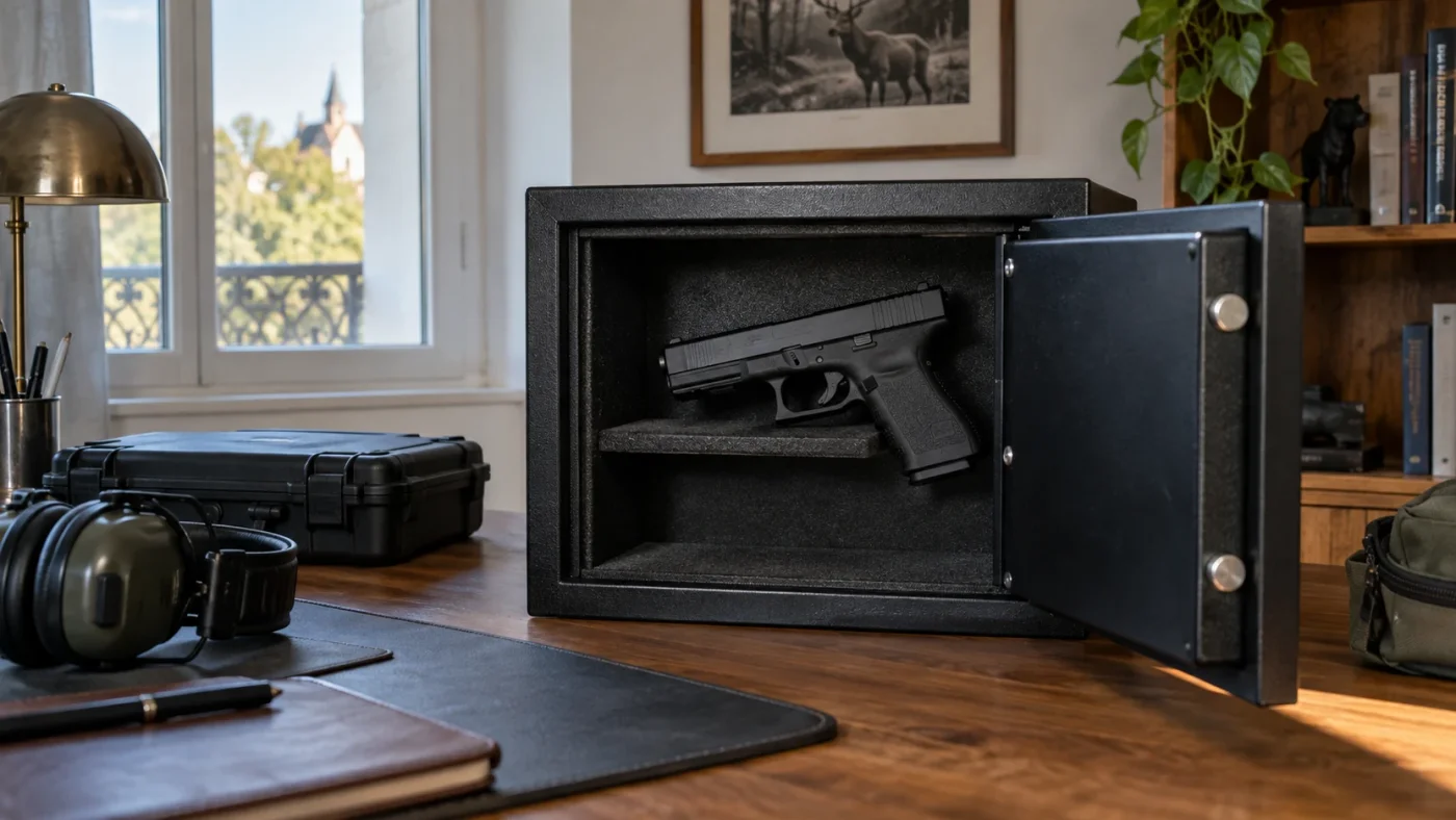 Arme pour la défense du domicile : pistolet de tir rangé dans un coffre-fort ouvert, à côté d’un casque antibruit