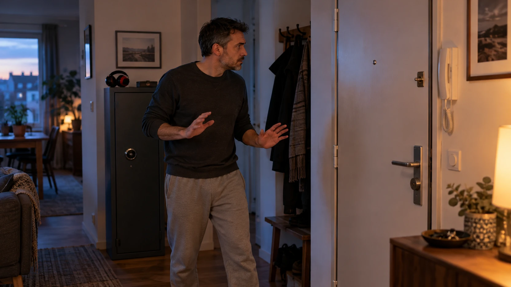 Tireur face à une intrusion nocturne dans l’entrée de son domicile, près de son armoire forte