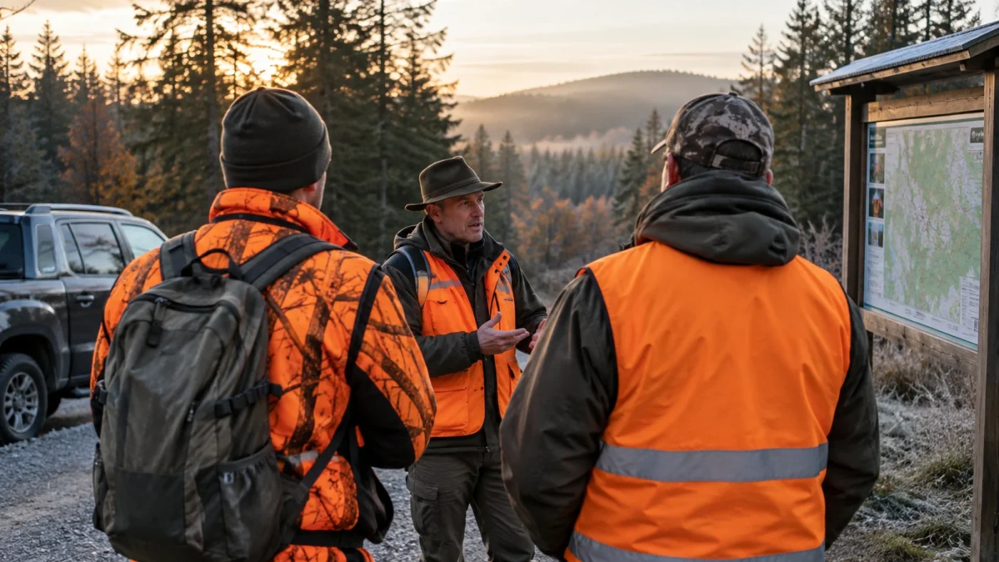 Chasseurs en vêtement fluorescent, sécurité à la chasse en battue