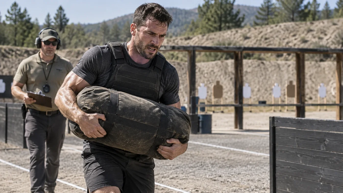 Illustration des Tactical Games : athlète portant un sac de sable sur un parcours sportif
