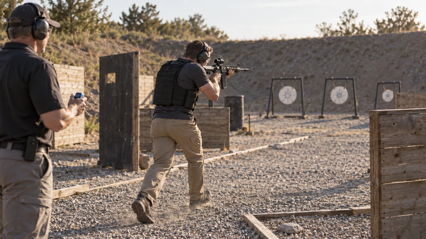 Illustration pour les Tactical Games : tireur à la carabine en déplacement face à des gongs métalliques, suivi par un arbitre