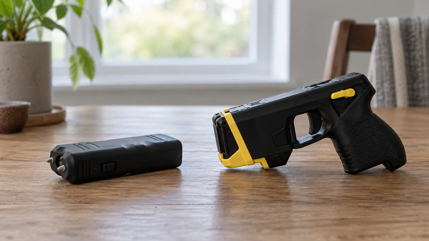 Taser de poche légal : un shocker de contact et un Taser à projectiles posés côte à côte sur une table