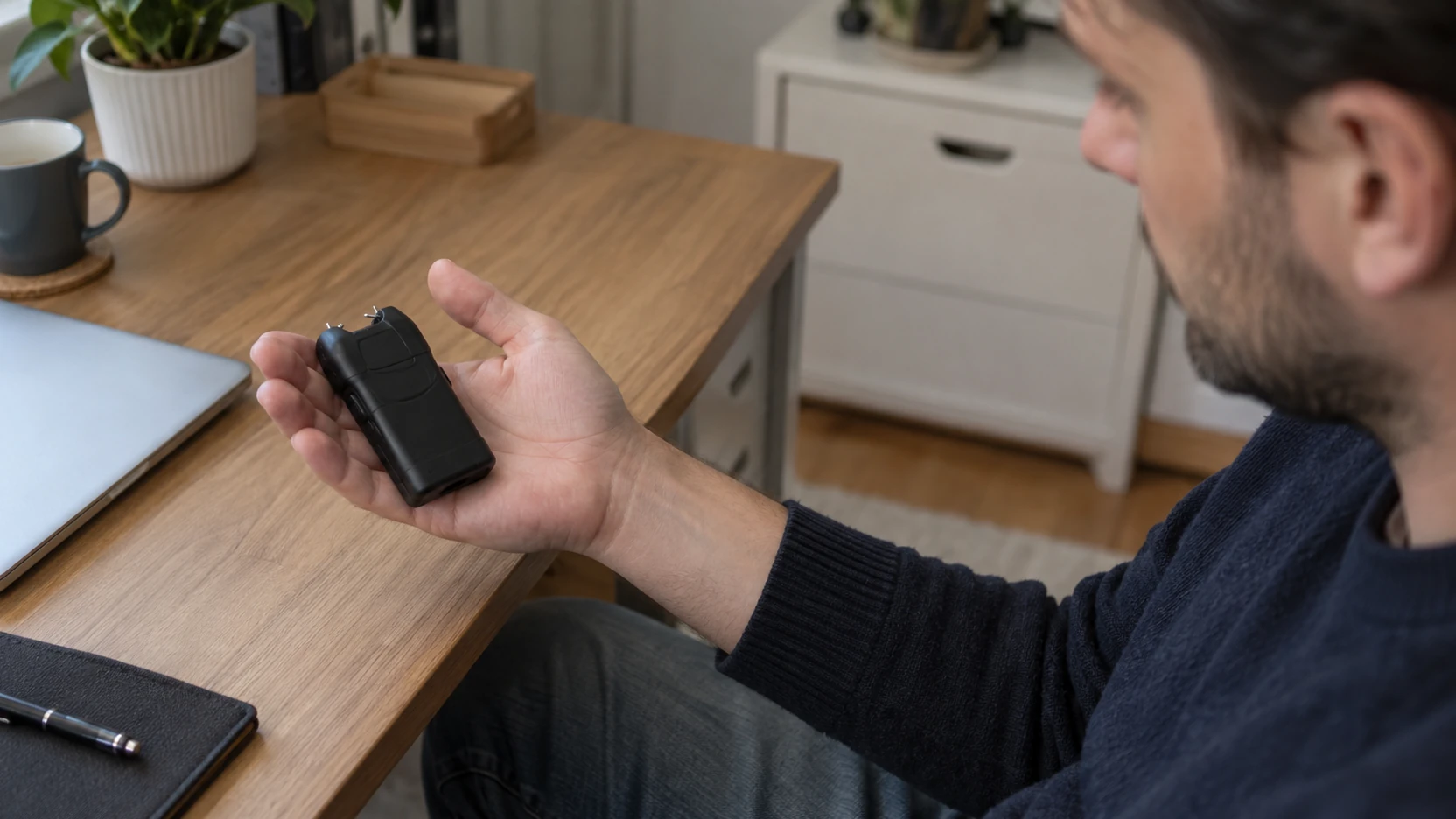 Taser de poche légal : shocker de contact de format poche tenu dans une main