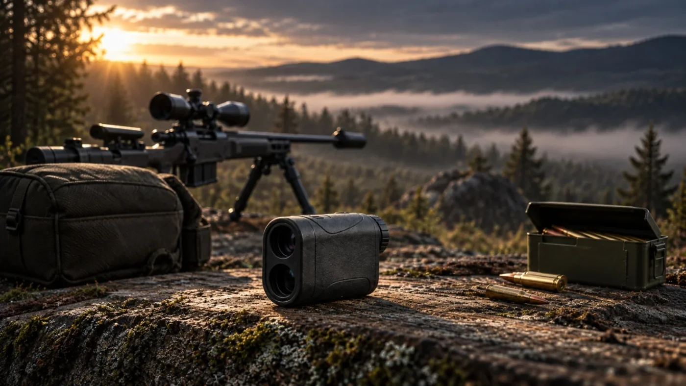 Télémètre laser posé devant une carabine de précision de tir longue distance