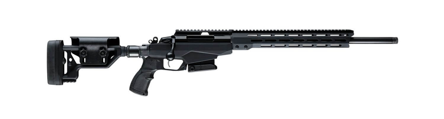 Carabine Tikka T3x TACT A1 noire chassis aluminium crosse repliable garde-main M-LOK rail Picatinny pleine longueur