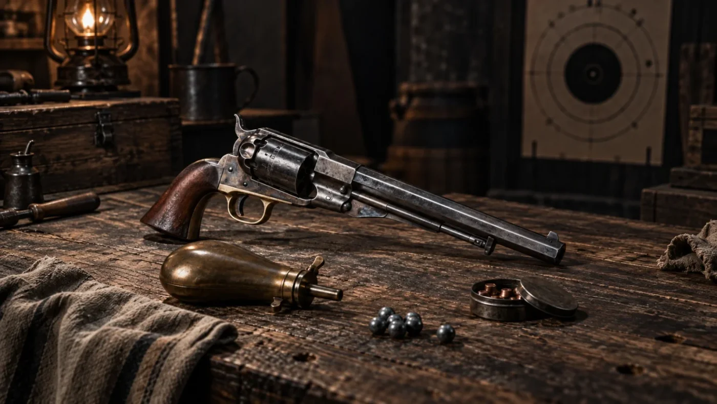 Tireur à la poudre noire visant un revolver à percussion sur un pas de tir