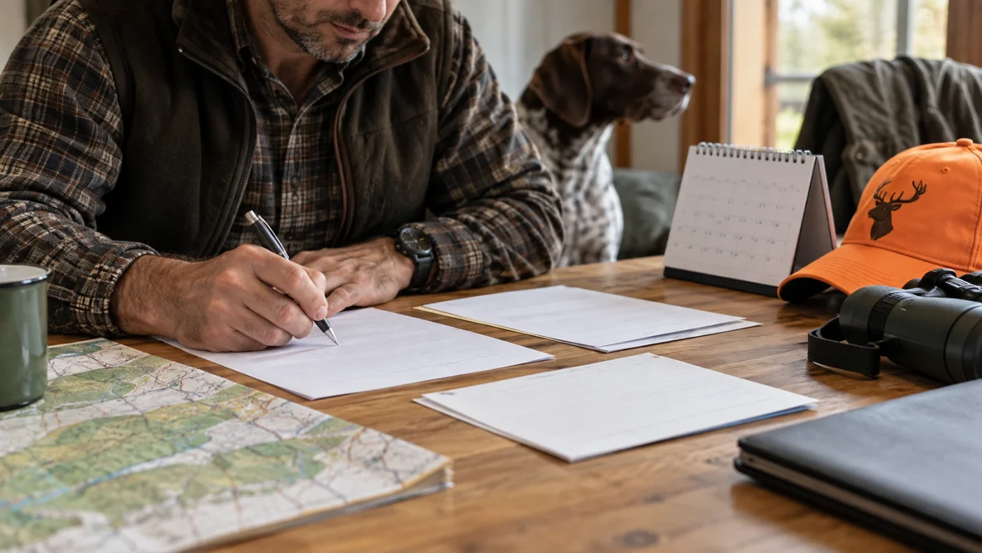 Validation du permis de chasser : chasseur remplissant ses formulaires à une table en bois, carte, calendrier et casquette orange, un chien d'arrêt derrière lui