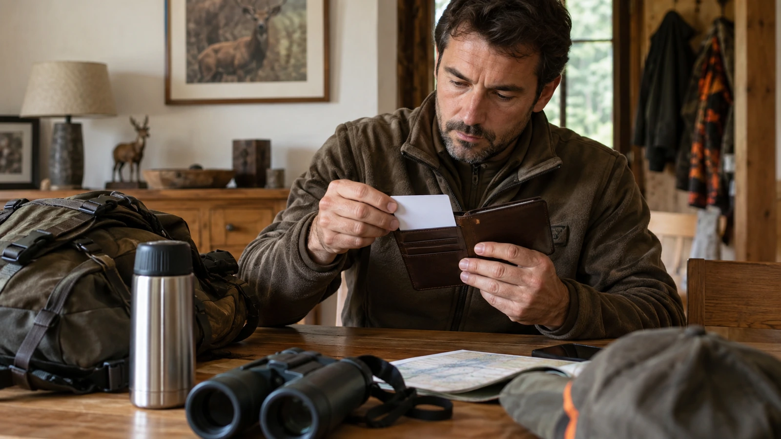 Validation du permis de chasser : chasseur rangeant sa validation dans un porte-cartes en cuir, jumelles, gourde et sac à dos sur la table