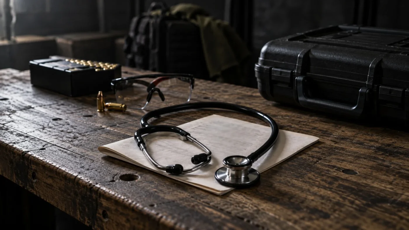 Stéthoscope posé sur une feuille de papier sur un établi en bois, à côté de lunettes de protection, de cartouches et d'une mallette de transport noire, lumière tamisée.