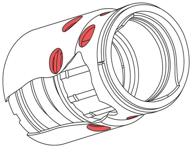 Schéma du système d'emprunt de gaz Active Valve du Winchester SX4 avec les évents en rouge