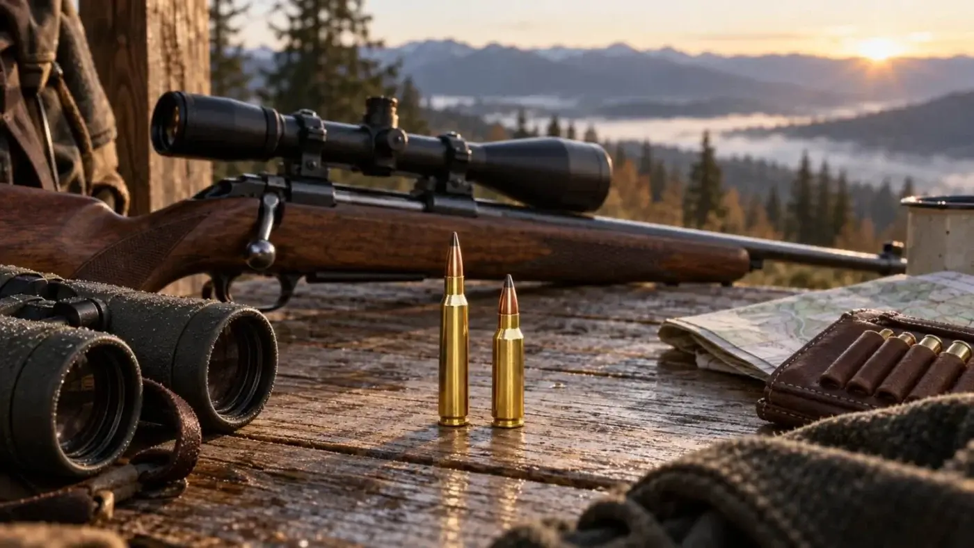 Carabine de chasse à crosse en noyer et lunette posée sur une table de cabane, deux cartouches à balle pointue et une boîte de munitions, bois de cerf et montagnes à la fenêtre.
