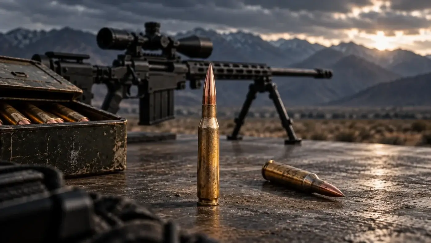 Cartouche debout sur une surface métallique usée, une autre couchée, boîte à munitions ouverte et carabine à lunette sur bipied devant des montagnes sous un ciel couvert.
