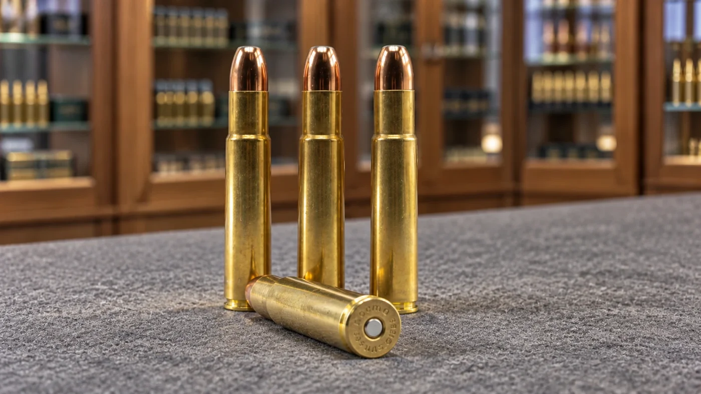 Quatre cartouches de .505 Gibbs en laiton à projectile cuivré sur un comptoir d’armurerie