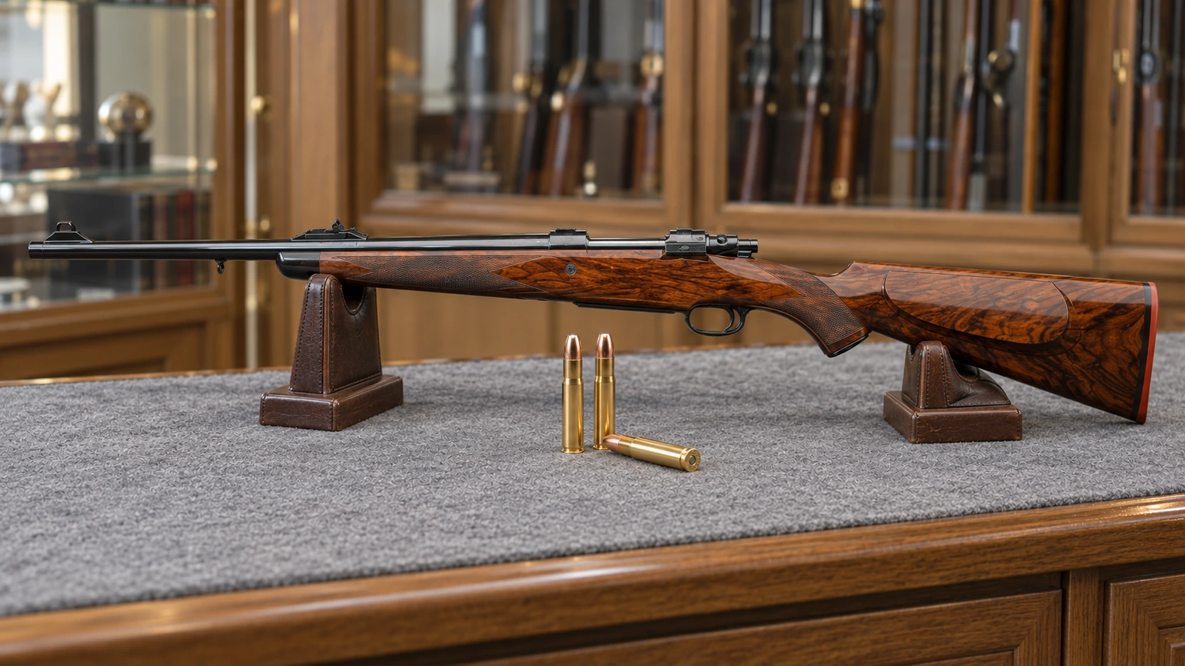 Carabine de safari et trois cartouches de .505 Gibbs sur un comptoir d’armurerie