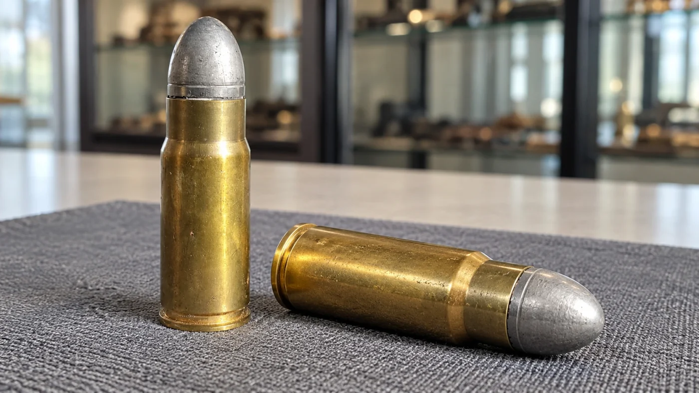 Illustration de deux cartouches .950 JDJ à projectile en plomb gris sur un tapis d’armurerie.