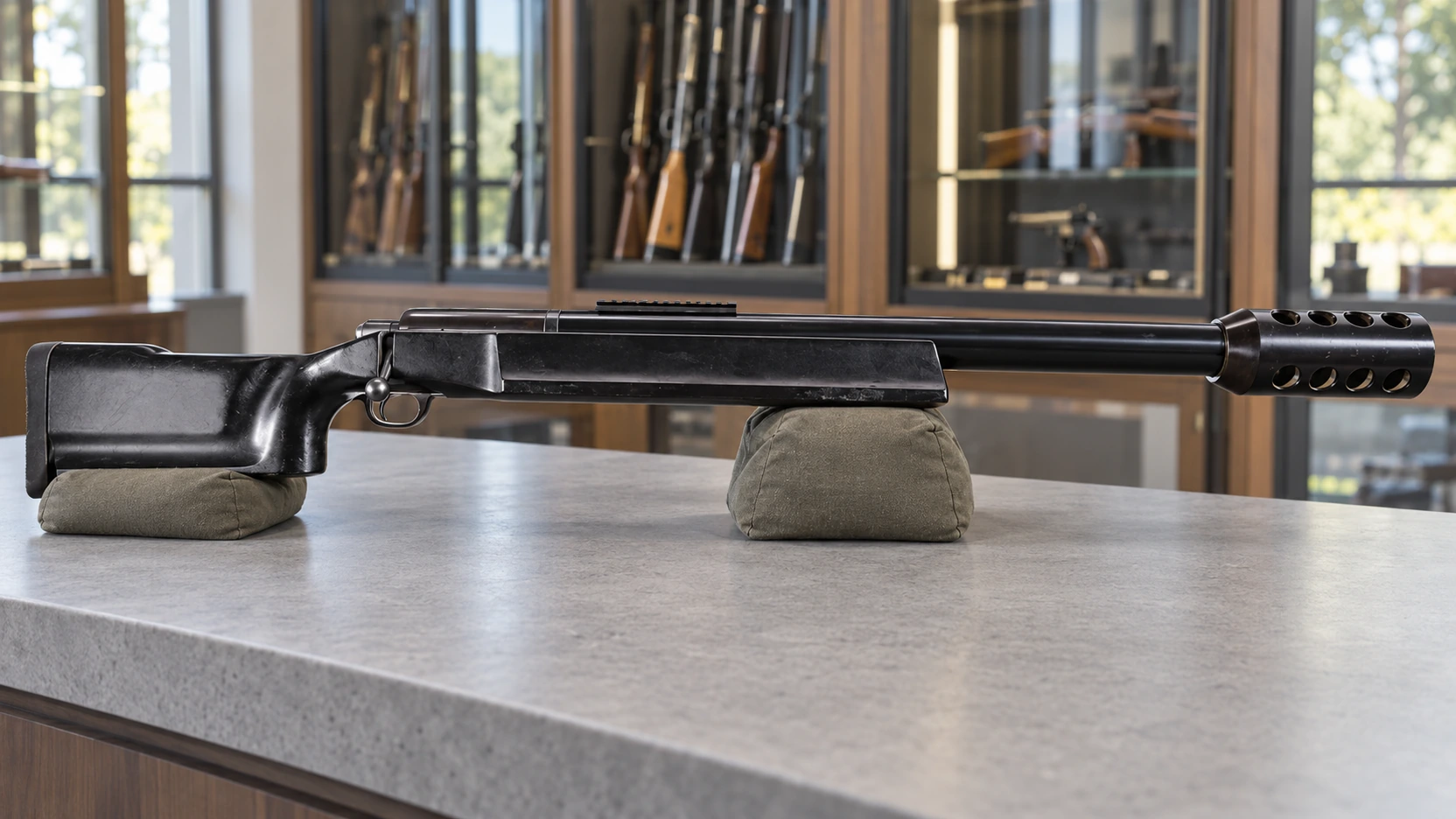 Illustration du fusil SSK Fat Mac en .950 JDJ posé sur deux sacs d’appui dans une armurerie.