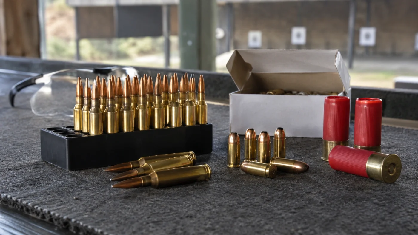 Cartouches de carabine, de pistolet et de chasse disposées sur une table de stand de tir