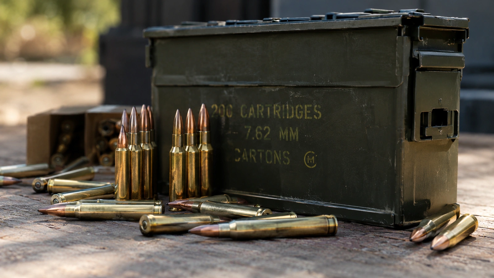 Cartouches de carabine disposées près d’une boîte métallique de munitions