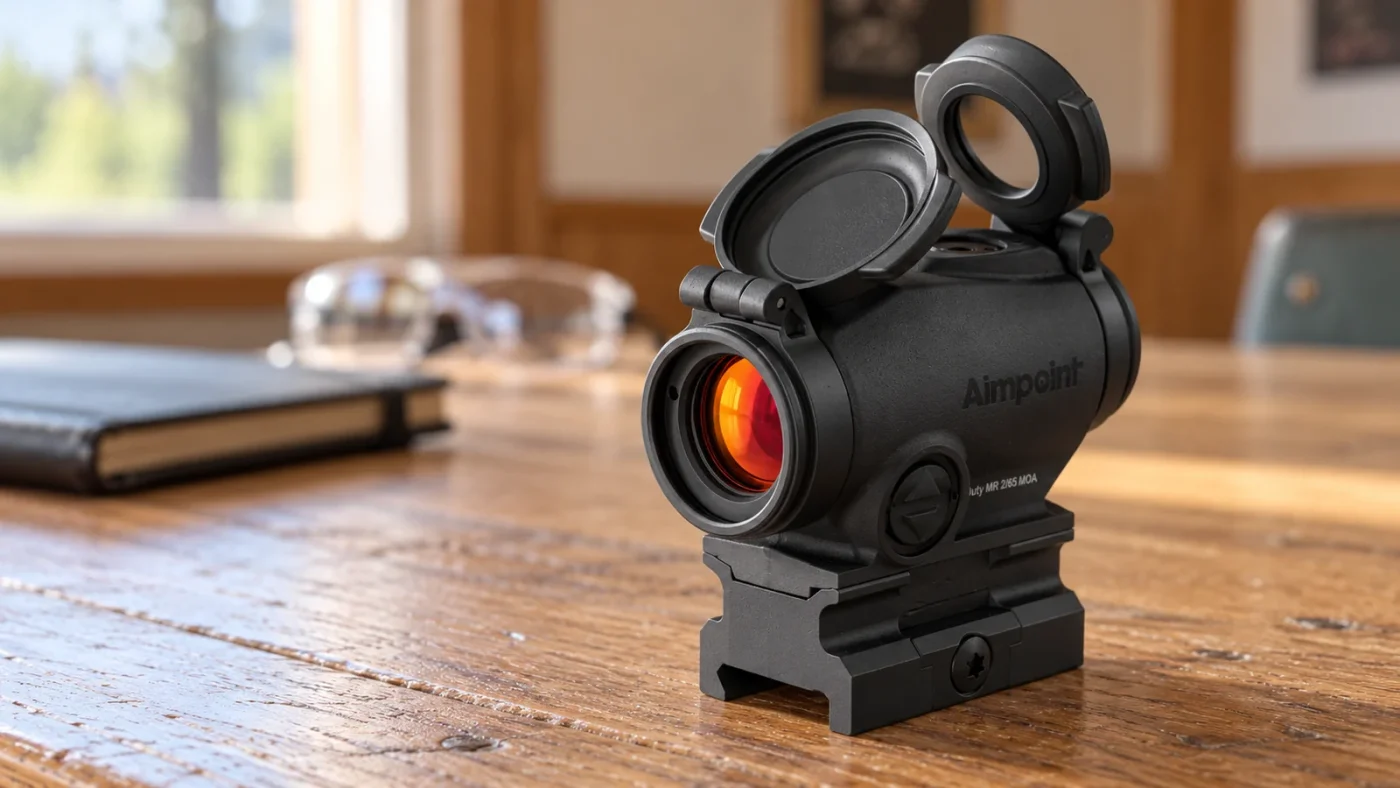 Illustration du point rouge Aimpoint Duty RDS MR posé seul sur une table de club