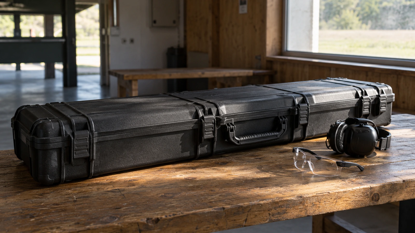 Longue mallette de transport fermée avec protections auditives et lunettes sur un banc