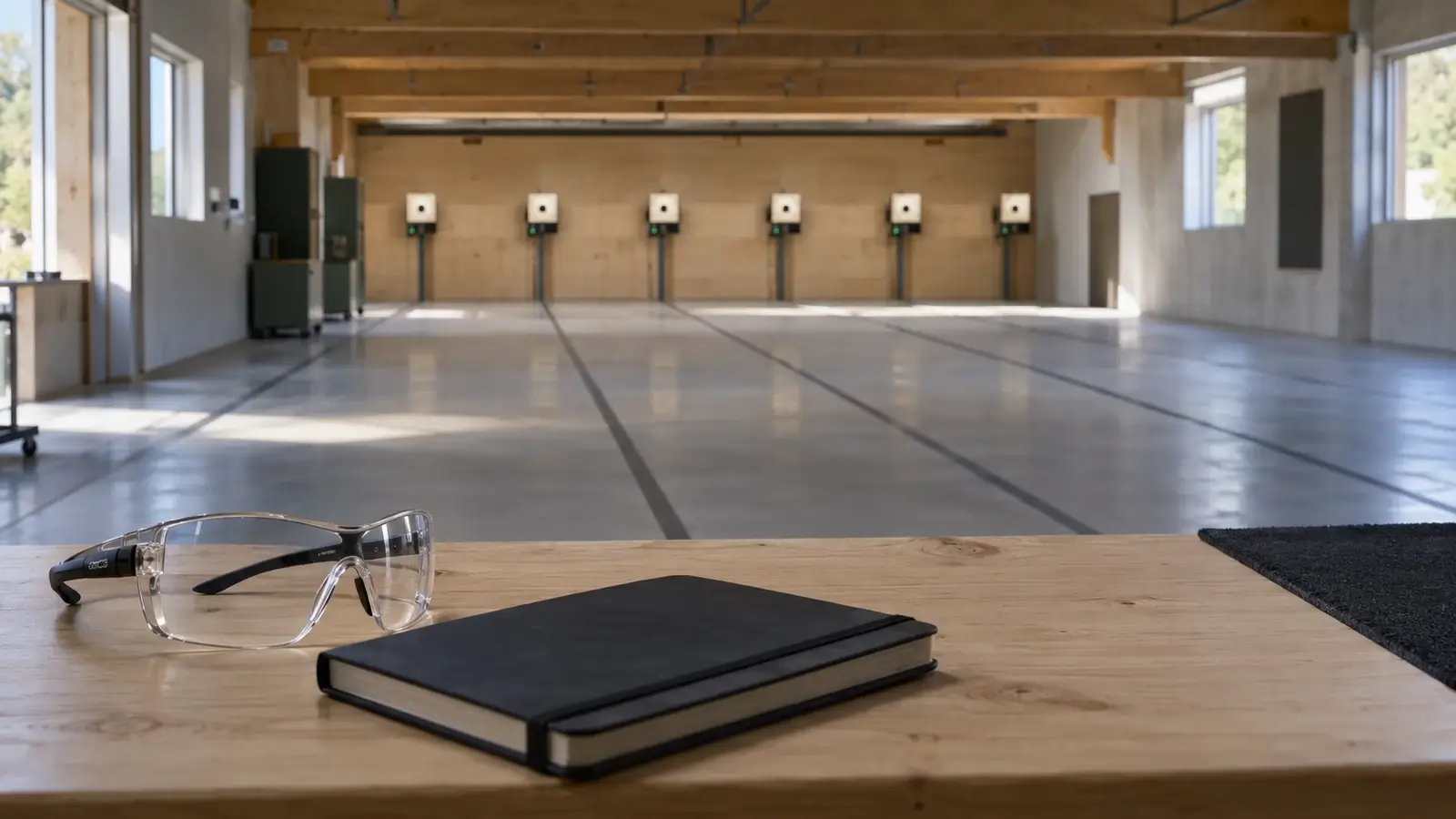 Stand intérieur vide, cibles au fond, lunettes de protection et carnet fermé sur une tablette