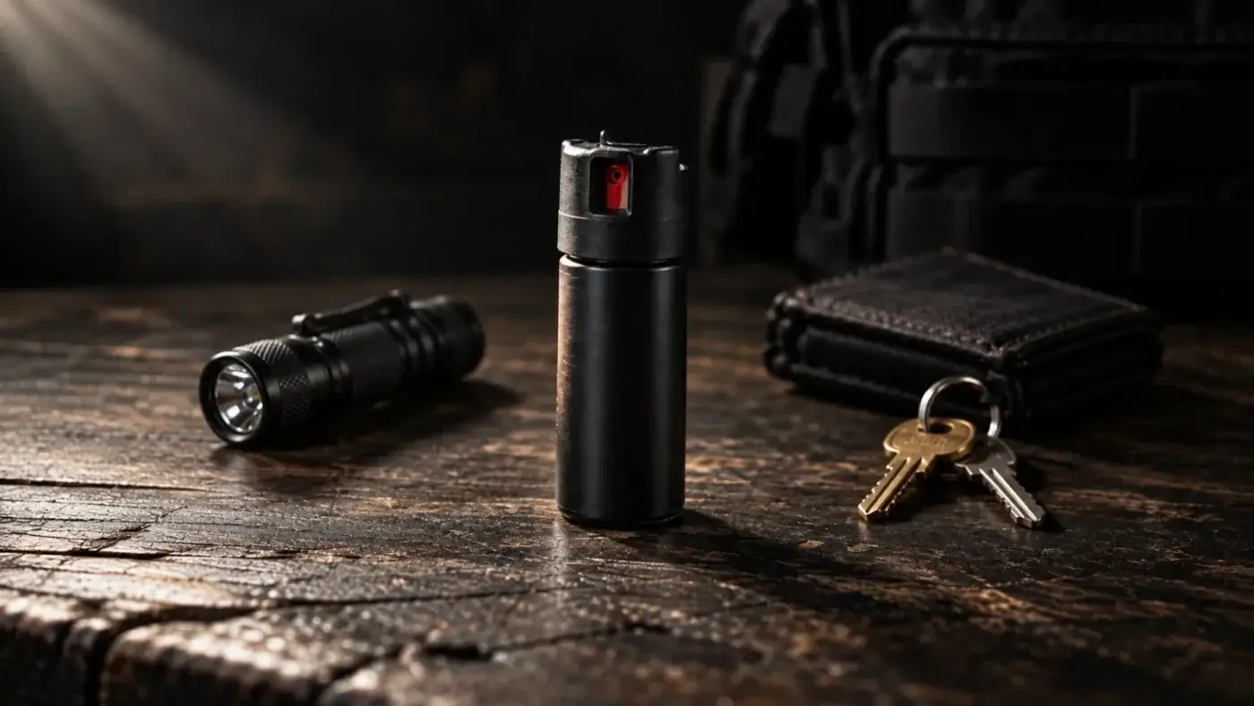 Bombe aérosol de défense noire à capuchon et buse rouge debout sur une table sombre, lampe torche, portefeuille en cuir et trousseau de clés autour.