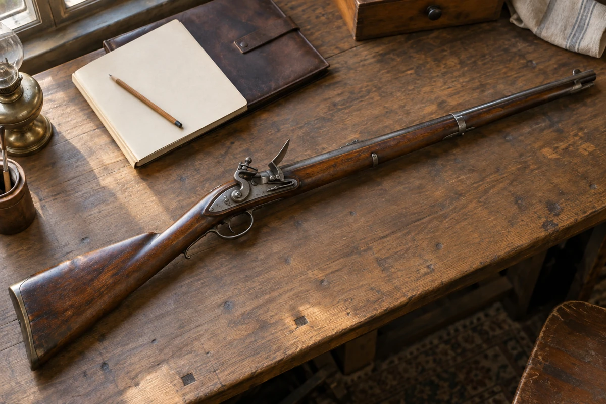 Arme ancienne à silex posée sur une table de collectionneur, illustration éditoriale
