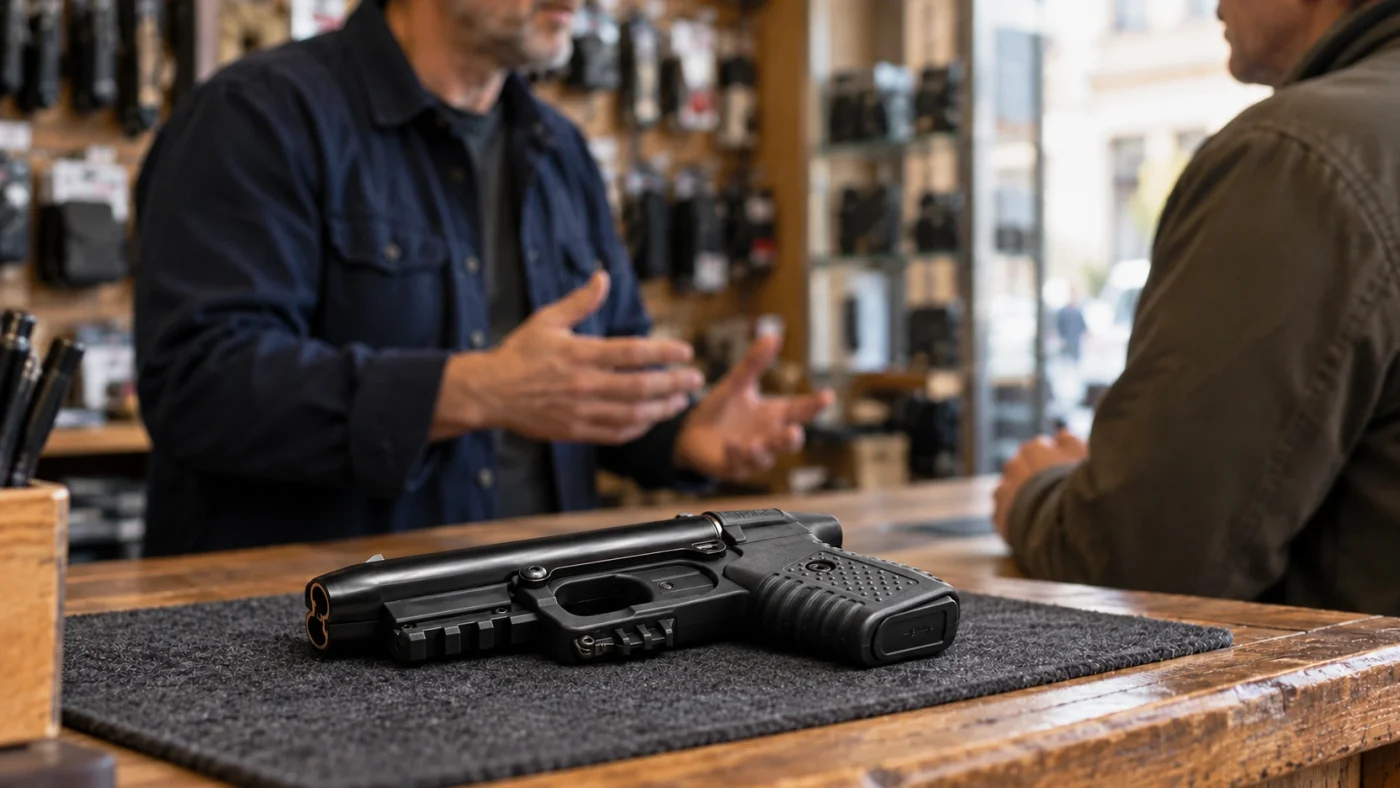 JPX2 noir couché à plat sur un tapis de comptoir, devant un armurier et un client flous à l'arrière-plan